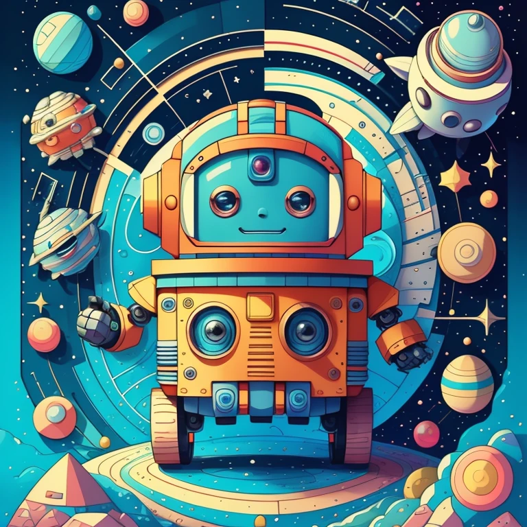 (cute robot smiling with wheels and a spaceship) Munchkin, Geometric multidimensional wall portrait, livro de arte, Tchibi,
Yang08k, Beautiful, Colouring,
Obras, of the highest quality, best quality, Arte Oficial, Beautiful and Aesthetic,
