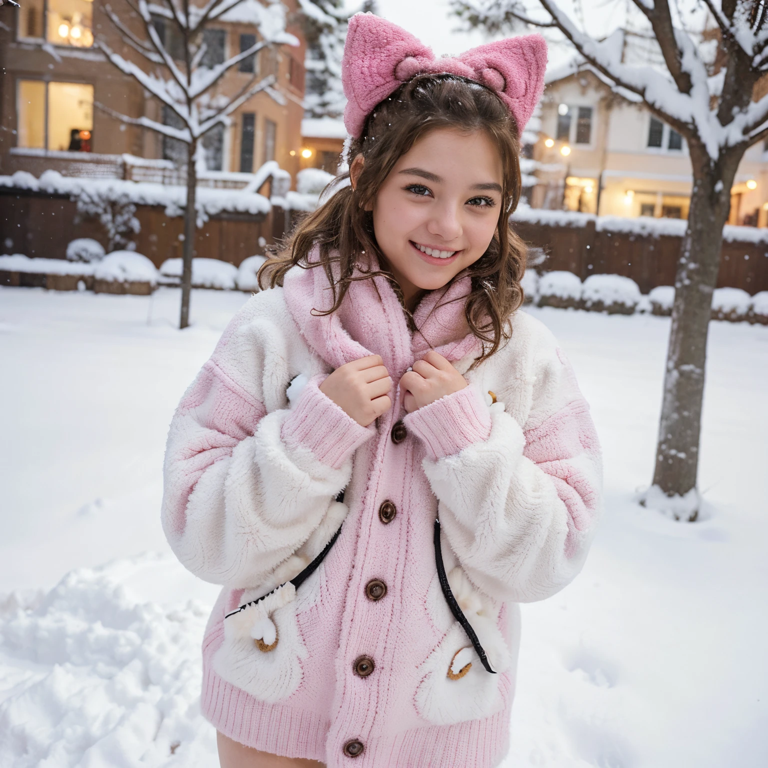 Hello Kitty with brown hair styled in a messy bun. Her hair is curly, giving it a lively and playful look. Hello Kitty is wearing a cute winter outfit, consisting of a cozy sweater and matching fuzzy boots. The sweater is a vibrant shade of pink, with snowflake patterns. Hello Kitty's fuzzy boots are also pink, providing warmth and comfort during the winter season. She is standing in a snowy landscape, with snowflakes falling gently around her. Hello Kitty is seen giving a cheerful smile, radiating joy and happiness.