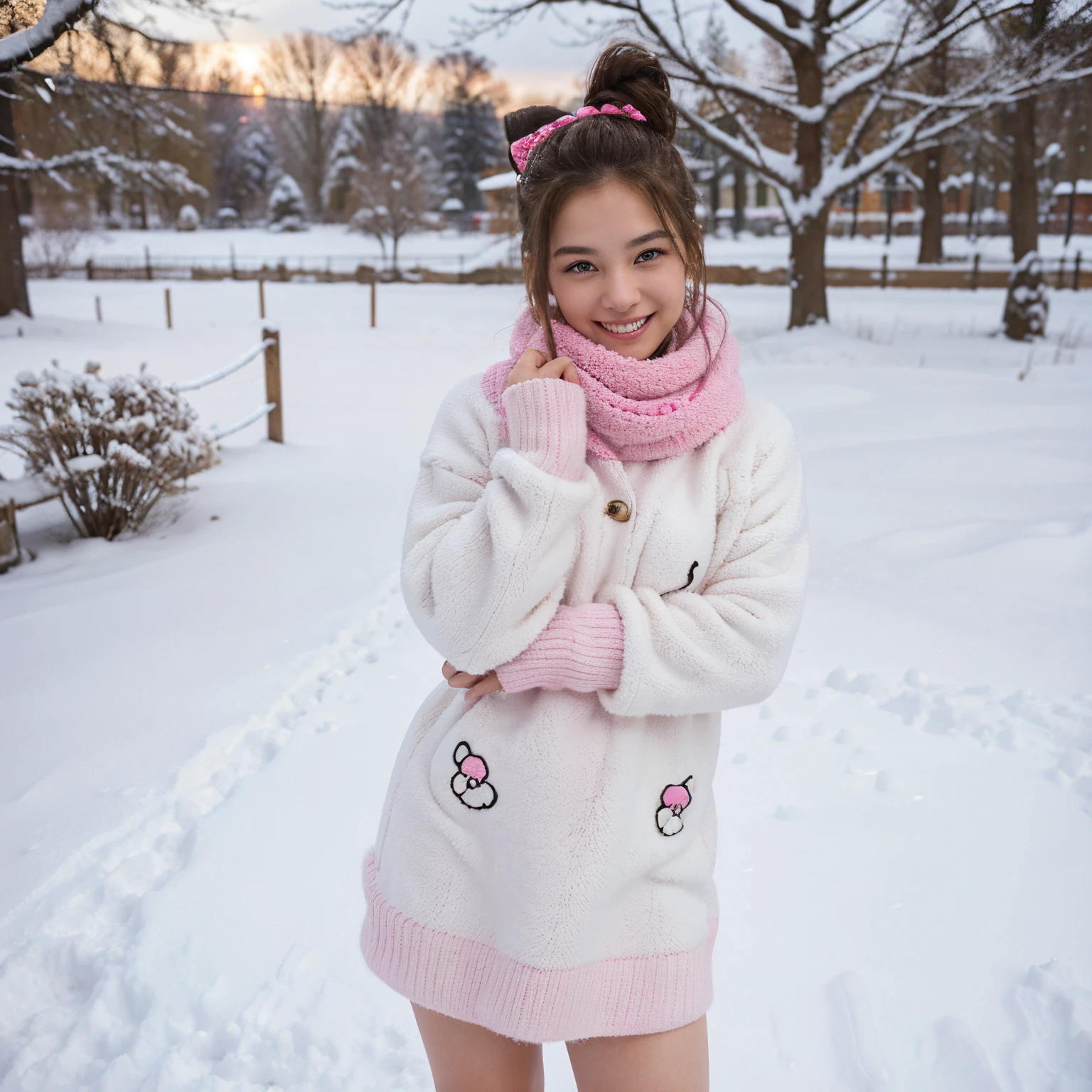 Hello Kitty with brown hair styled in a messy bun. Her hair is curly, giving it a lively and playful look. Hello Kitty is wearing a cute winter outfit, consisting of a cozy sweater and matching fuzzy boots. The sweater is a vibrant shade of pink, with snowflake patterns. Hello Kitty's fuzzy boots are also pink, providing warmth and comfort during the winter season. She is standing in a snowy landscape, with snowflakes falling gently around her. Hello Kitty is seen giving a cheerful smile, radiating joy and happiness.