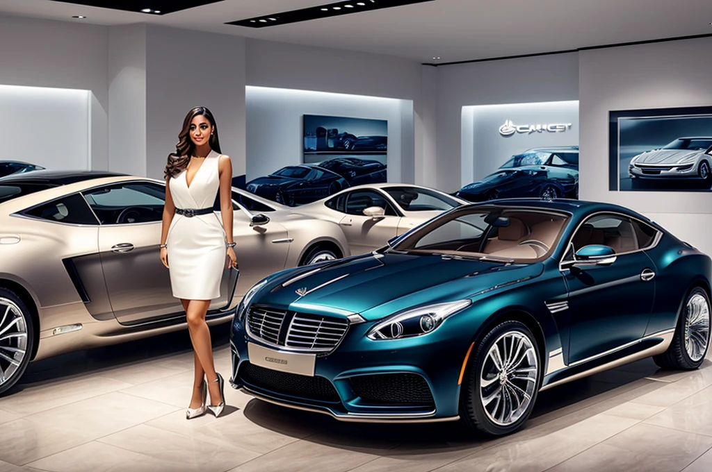 A very attractive and slightly smiling woman, over bust, CCC, Amazing figure. Presenting or holding a car key, symbolizing the promotion of luxury car sales in a showroom. The scene is set in a panoramic wide frame, featuring a realistic photomontage style. The woman is strikingly beautiful, elegantly dressed, and subtly smiling, enhancing the allure and elegance of the luxury car showroom. The background showcases an array of high-end luxury cars, displayed in a spacious, well-lit showroom environment, emphasizing the theme of luxury and exclusivity. Close-up