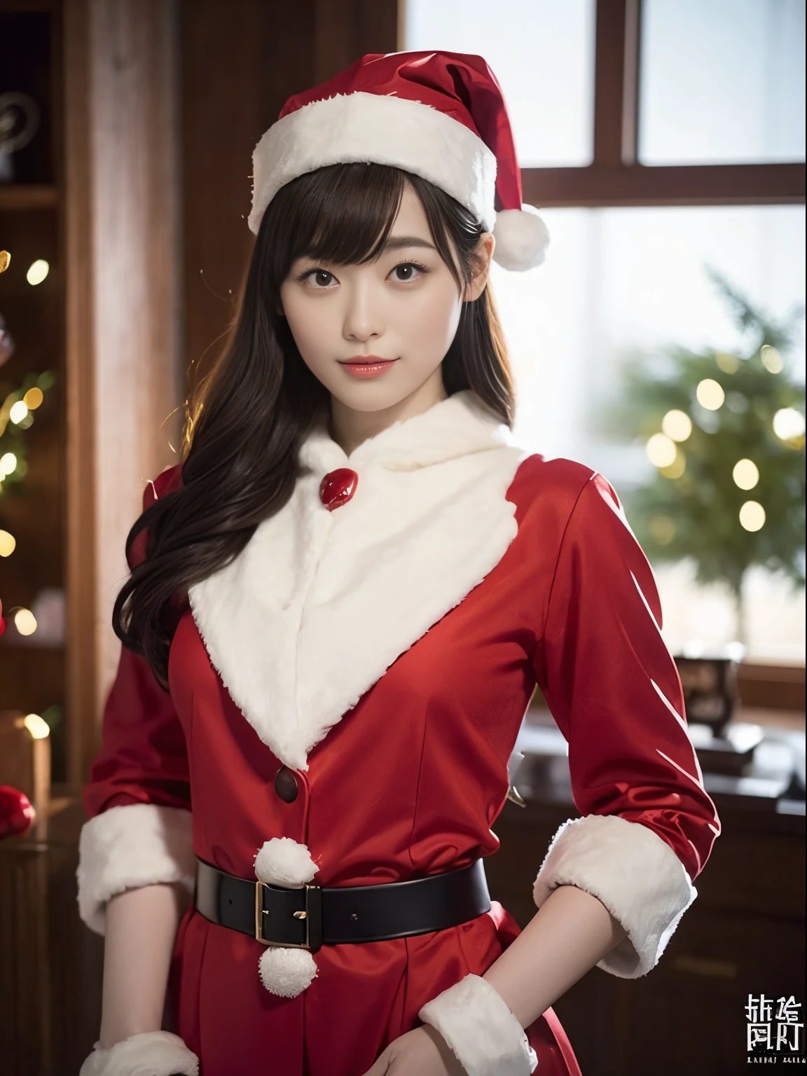 beautfull Japanease woman，(Red Santa Claus costume：1.5)，Christmas tree，Black hair, surrealism, F/1.2, 35 mm, Fuji Film, 8K, Super Detail, nffsw, masutepiece, ccurate, Anatomically correct, Textured skin, Super Detail, high details, High quality, Best Quality, hight resolution