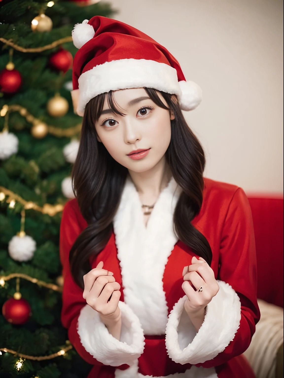beautfull Japanease woman，(Red Santa Claus costume：1.5)，Christmas tree，Black hair, surrealism, F/1.2, 35 mm, Fuji Film, 8K, Super Detail, nffsw, masutepiece, ccurate, Anatomically correct, Textured skin, Super Detail, high details, High quality, Best Quality, hight resolution