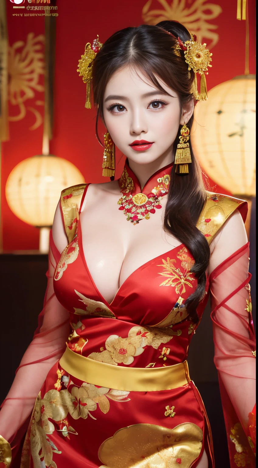 A detailed face, 4K, 8K, Beautiful girls, Korean Makeup, Red lips, medium body, Bigchest, Thigh, Full naked girl, Chinese New Year, oriental new year, tet accessories, Everything related to Chinese New Year, red and yellow costume, phoenix motif, couplet, new year fireworks scene,