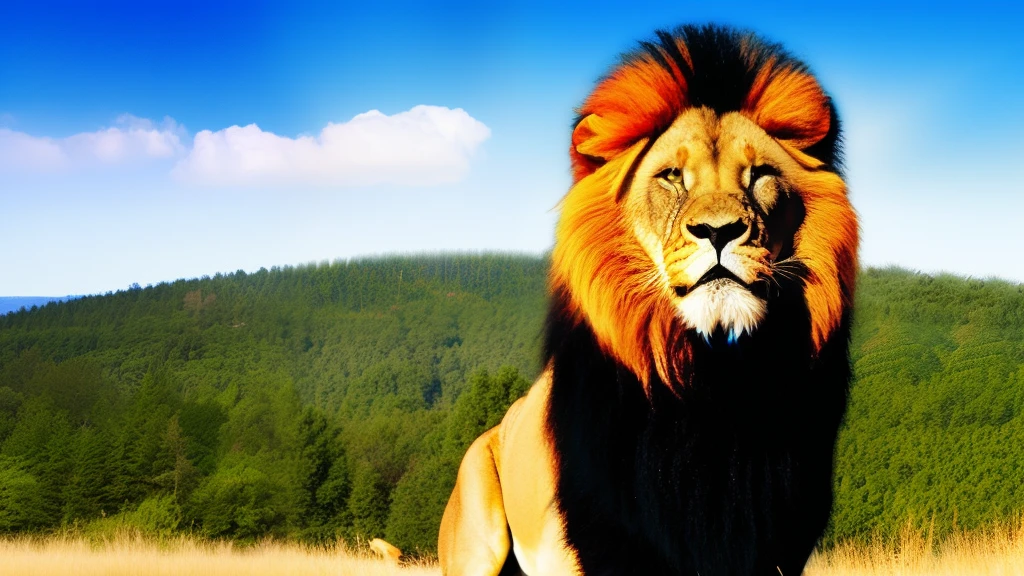 lion standing strong with a blue sky and sun