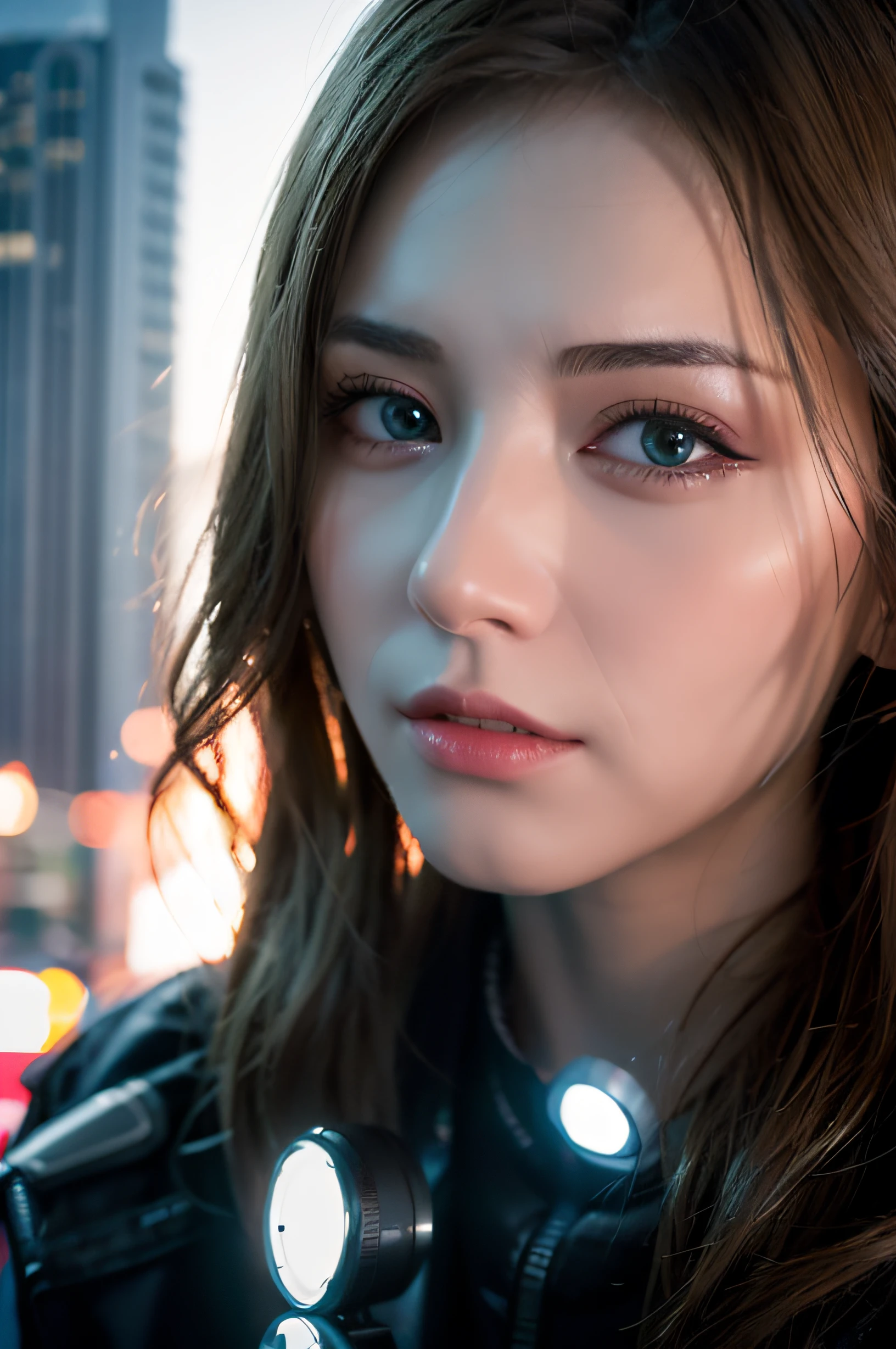 (8k, RAW photo, best quality, masterpiece:1.3),(realistic,photo-realistic:1.37),(looking at viewer:1.331),cyberpunk city,soft light,1girl,extremely beautiful face,bust,put down hands,Random hairstyle,Random expression,big eyes,