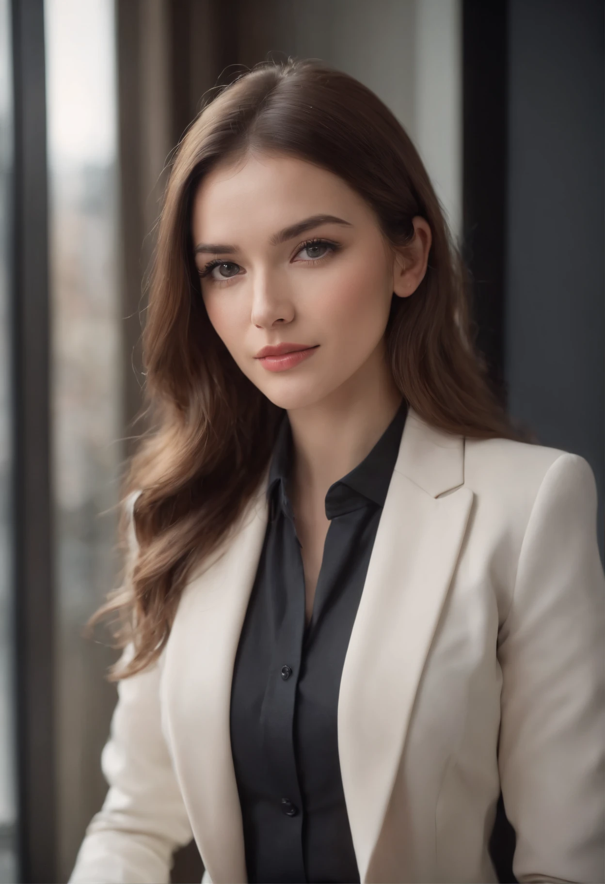 Woman in suit, Successful Businesswoman, Young, Beautiful, Long hair,25 years old, Fashionab, inside, Dynamic pose, skirt