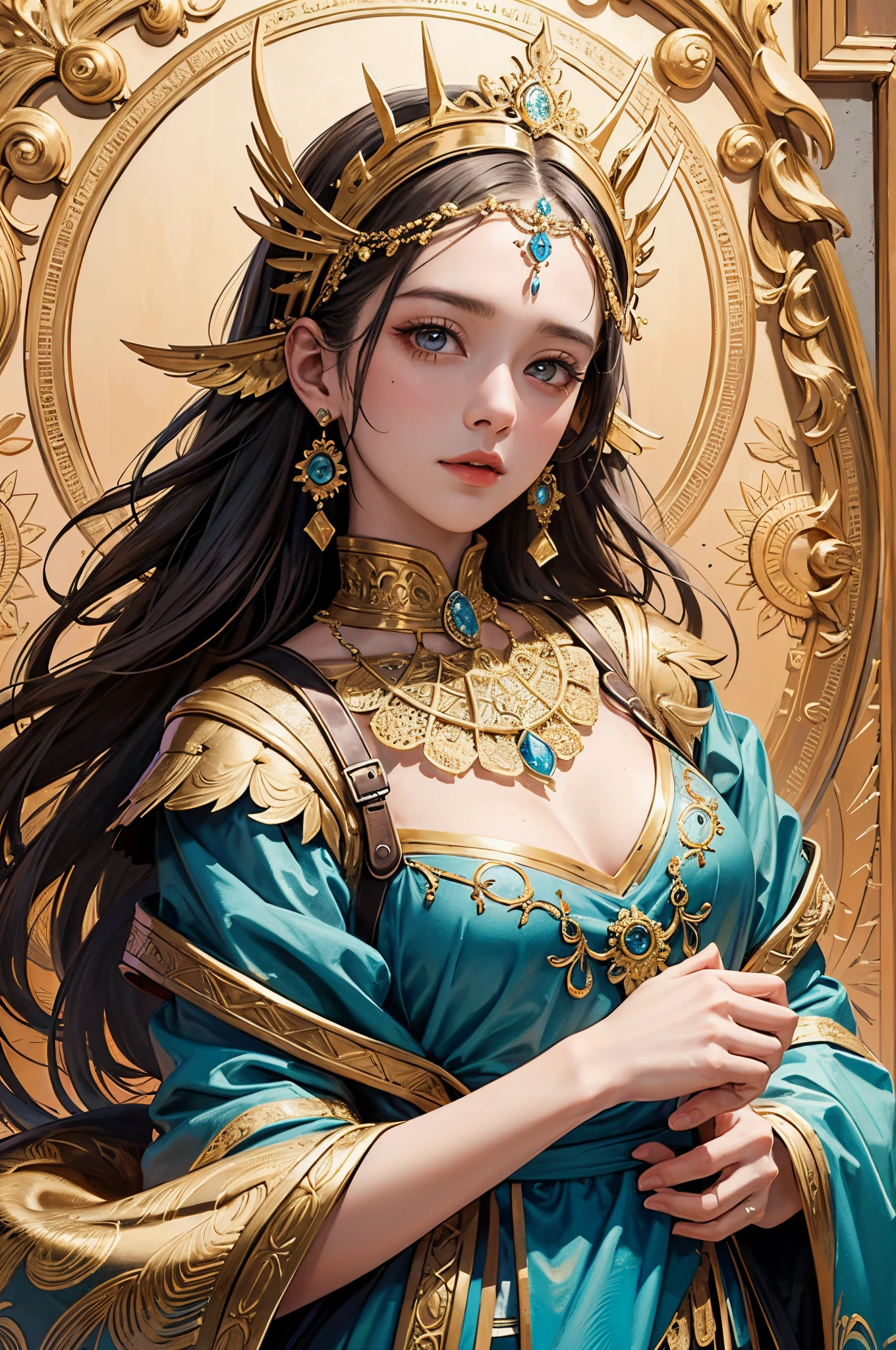 （tmasterpiece，top Quority，best qualtiy，offcial art，Beautiful and aesthetic：1.2），（1girl），Extremely detailed，Colorful，highestdetailed，offcial art，统一 8k 壁纸，ultra - detailed，Beautiful and aesthetic，Beautiful Chinese goddess,A golden hair ornament on his head,The ears are large，tmasterpiece，best qualtiy，（zentangle，datura，Tangles，entangled），holy rays，gold foil，Gold leaf art，glitter drawing，PerfectNwsjMajic