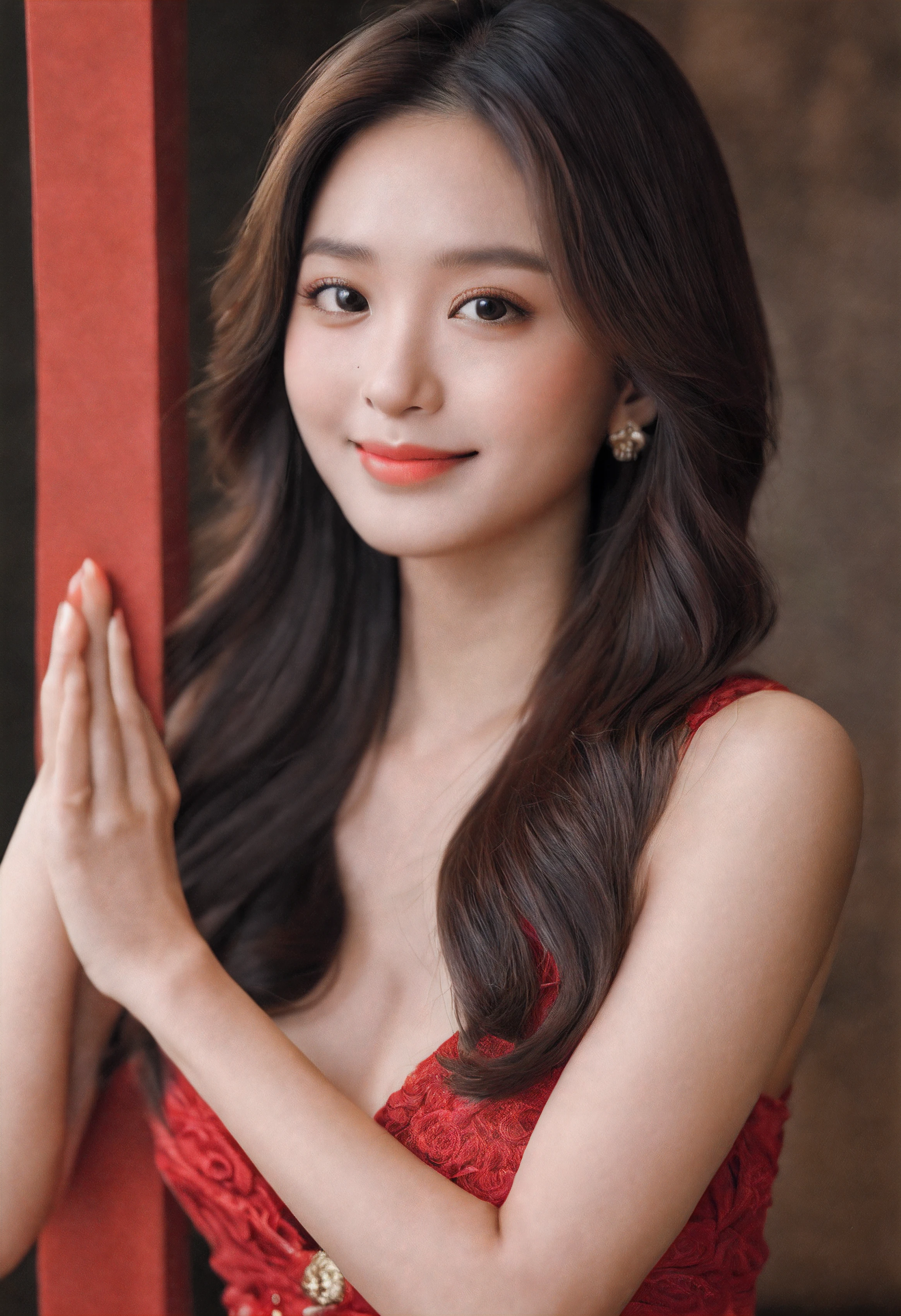 1girl, a young asian woman with,busty,dynamic pose,sexy smile,eye glas,armpit,hourglass body,sexy body,eye on camera, standing kebaya bali,red kebaya,add detail,indonesian,long hair,asian idol face,masterpiece, ultra realistic,32k,intricate details, sharp focus, realistic, closed mouth, full body, realistic, looking_at_viewer, irene1, wet skin, shiny skin,arm up pose, armpit,asian idol face,goddes face,cowboy shot