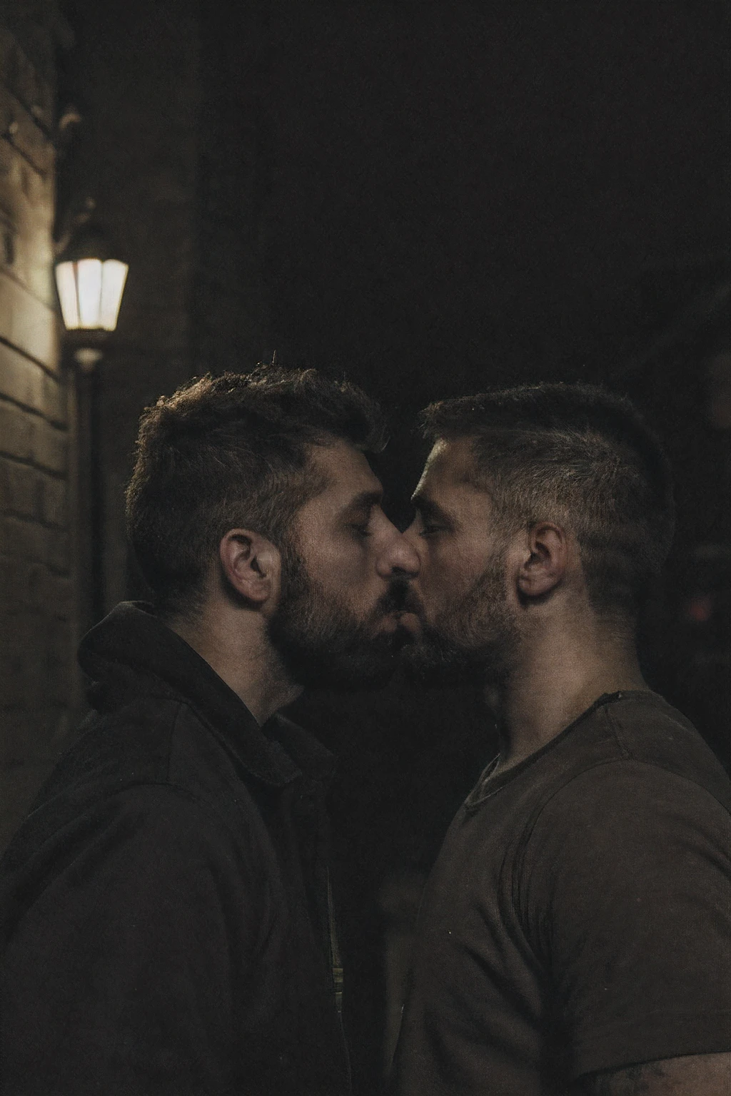 forbidden love, masterpiece, best quality, 2boys, beards, chavs, rough, dirty, Mancunian, mean, bullies, druggies, skinheads, in the neighbourhood, , soft kiss , realistic, dramatic lighting, atmospheric, intricate detail,