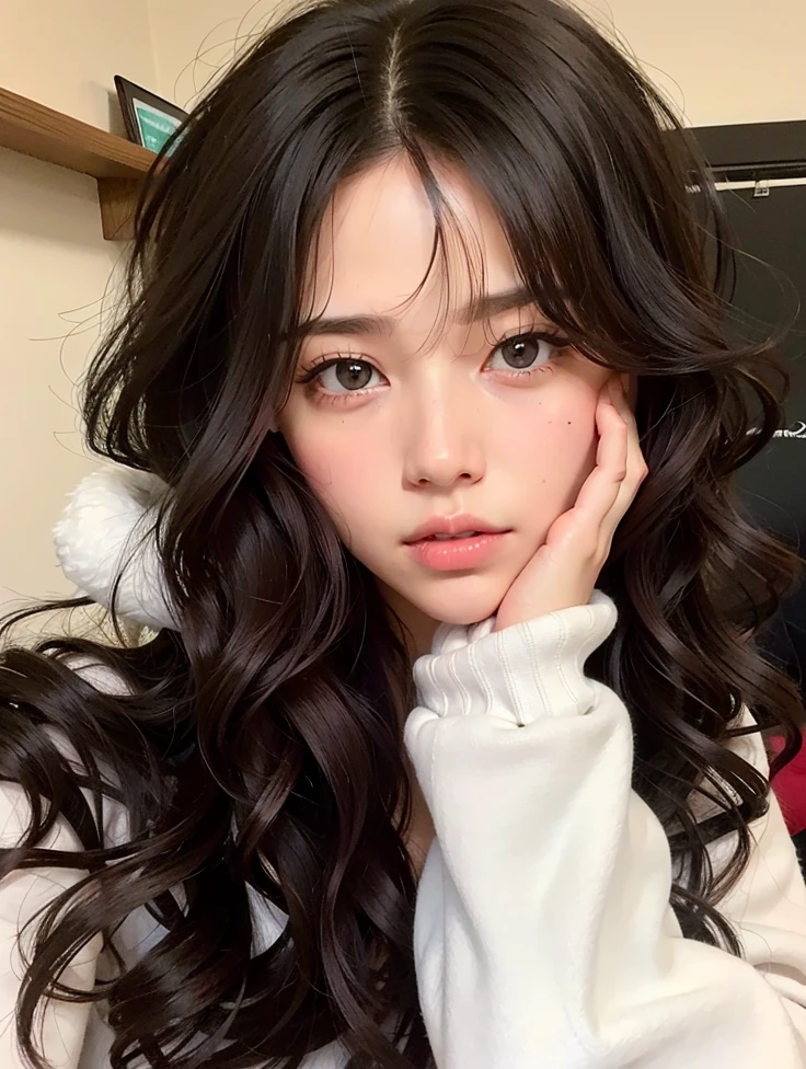 Un primer plano de una mujer acostada en la cama con una almohada, ulzzang, Chica coreana, Hermosa mujer surcoreana, Hermosa joven coreana, Hermosa joven coreana, Joven y adorable rostro coreano, Lalisa Manobal, maquillaje popular de Corea del Sur, Wan adorable cara coreana, Cabello limpio con flequillo, maquillaje coreano popular, Pelo largo con flequillo
