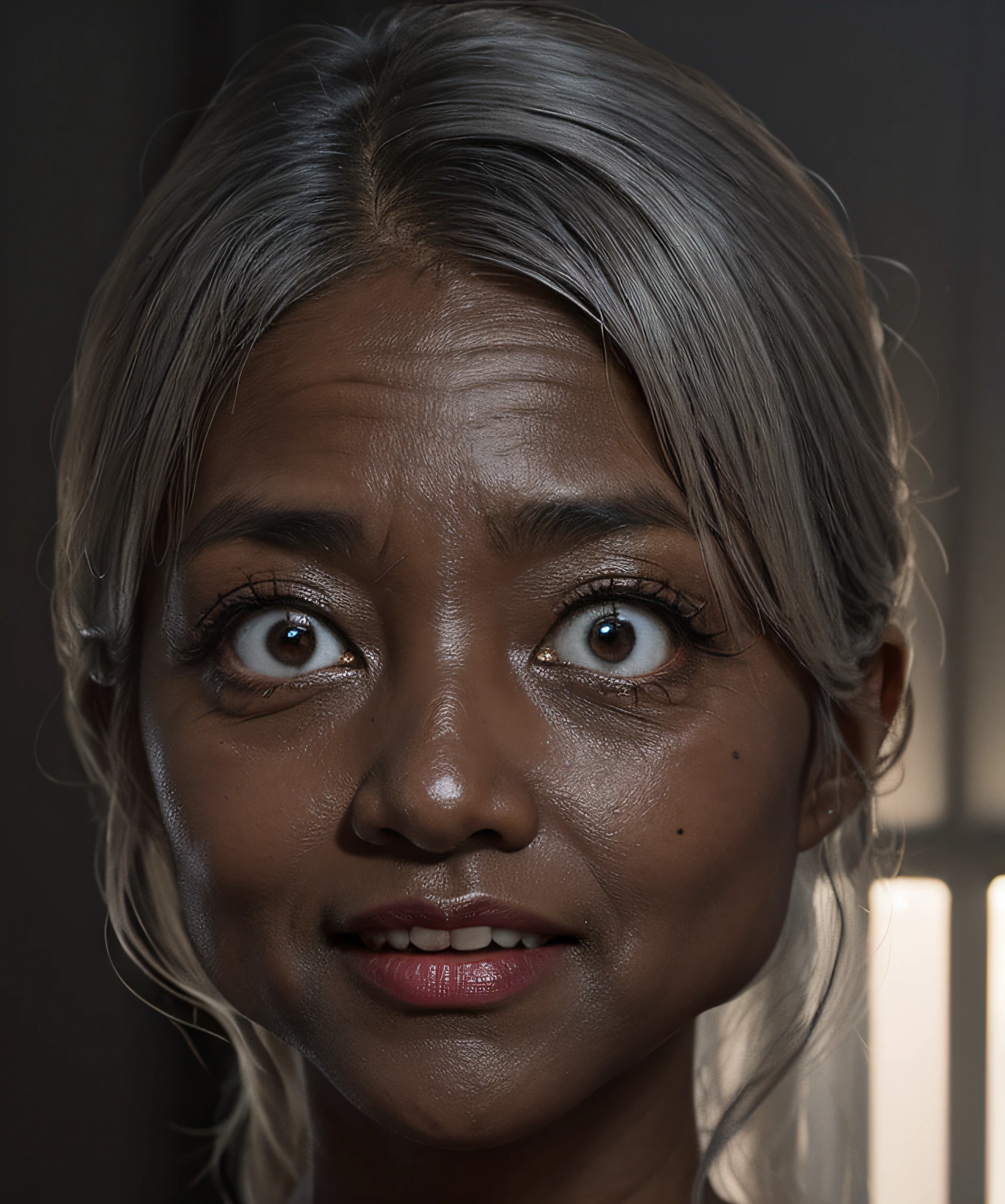 1woman, milf, 50 years old, , red pupil eyes, gray hair, bikini, black skin, dark skin , ultra high realistic, ultra high quality