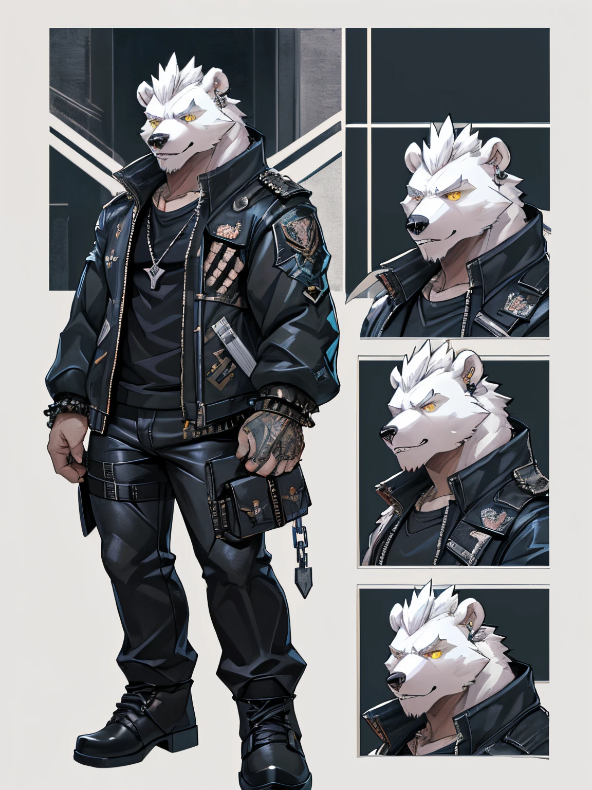 ultra detailed, yellow eyes, solo focus, male, polar bear, full body, shadowverse, cygames, official art, video games, digitigrade, muscular, short mohawk hair, dog tags, ear piercing, gangster, (shirt jacket, black), chains, punk, black and white hair, (reference sheet, refsheet), bara, techwear, arknights, gadgets, handbag, demon horns, eye reflection, bear ears, grin, demon horns, eye reflection, grin, anime, sparkle, anime, backlighting, drop shadow, optical , masterpiece, UHD, masterpiece, anatomically correct, textured skin, high details, highres, 4K, UHD, masterpiece, anatomically correct, textured skin, high details, highres, 4K