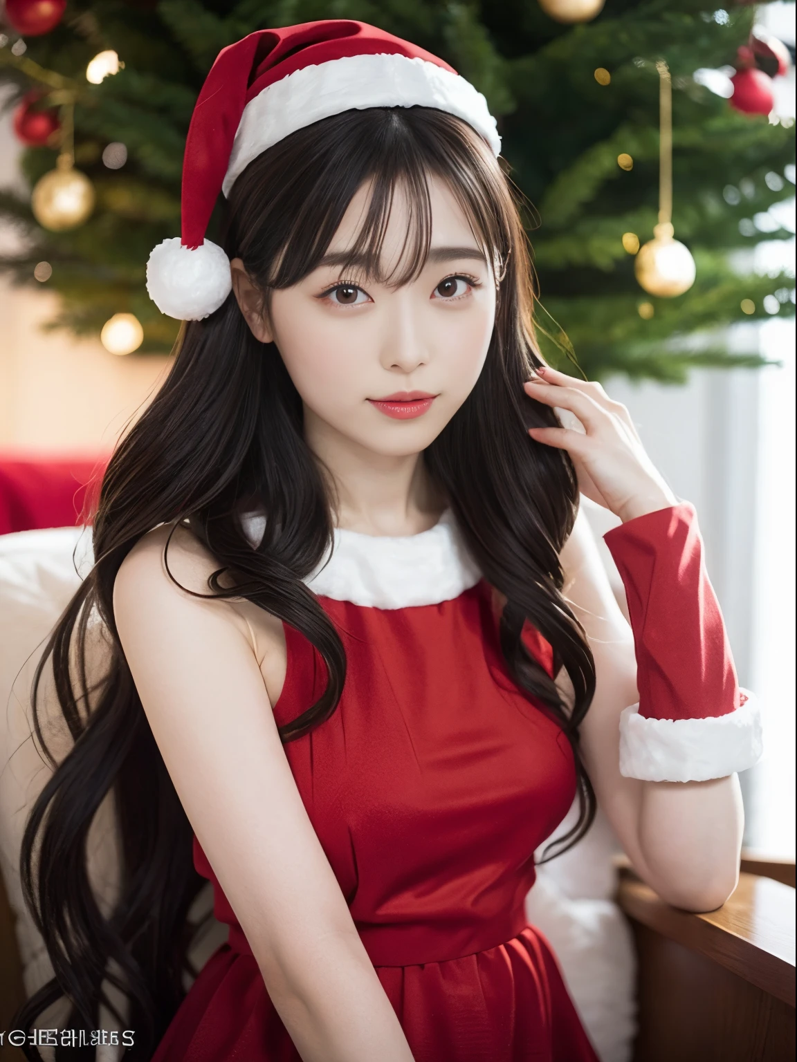 beautfull Japanease woman,(Red Santa Claus costume:1.5),Christmas tree,Black hair, surrealism, F/1.2, 35 mm, Fuji Film, 8K, Super Detail, nffsw, masutepiece, ccurate, Anatomically correct, Textured skin, Super Detail, high details, High quality, Best Quality, hight resolution