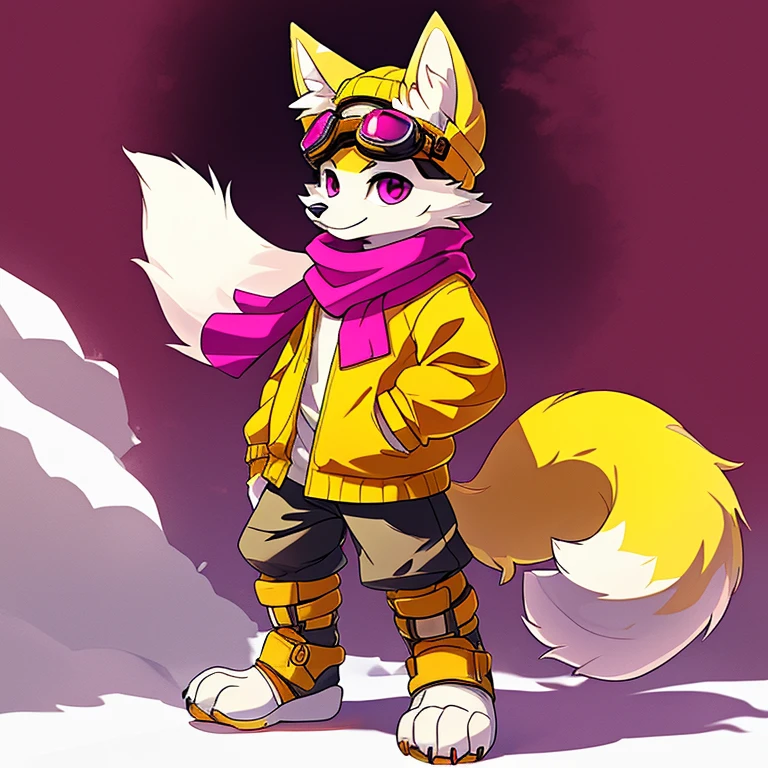 (A character), (Fox with yellow fur and white chest), (under the snout is white), (yellow fur), (tip of the tail white), (wears a magenta sweater), (light blue scarf), ( yellow cap with orange visor), (orange visot), (magenta eyes), (slender and fit body), (appears apparently thin but strong), (relaxed expression), (male), (medium height), (solitary), (solo), (white eyebrows), (yellow legs), (yellow hat), (golden fur), (golden yellow fur), (small dark yellow claws), (4 toes on his paws), (magenta eyes), fluffy, (fluffy fur), goggles, (black glass goggles)