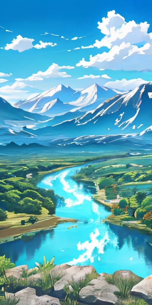 Anime-sense scenery , puffed clouds , long river , unadulating mountains , countryside