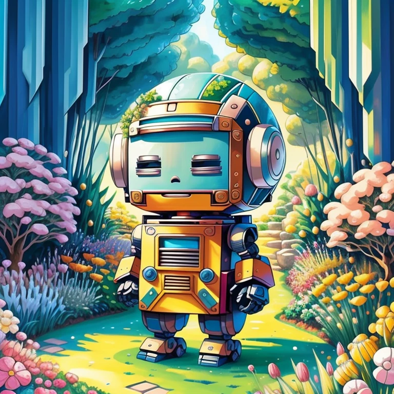 (cute robot smiling in a beautiful garden) Munchkin, Geometric multidimensional wall portrait, livro de arte, Tchibi,
Yang08k, Beautiful, Colouring,
Obras, of the highest quality, best quality, Arte Oficial, Beautiful and Aesthetic,