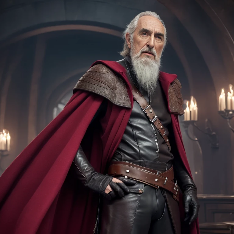 Count Dooku, Star Wars, An elder with a long beard and white hair, with a serene face wrinkles, looking producing, body older weak, skinny bones hairy, body naked, his shirt was open to reveal his stomach wrinkles older hairy weak and chest, arms legs neck hands feet skinny old and weak, black boots, red cape, briefs and gloves leather, shy and blushed, wish to fuck him as bottom gay, Lying on spaceship, stars lily,master-piece,4K images,beste-Qualit