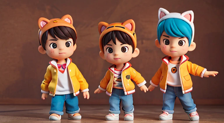three cute boy, one wearing a tiger jacket, one is wearing dog jacket, one is wearing a cat headband