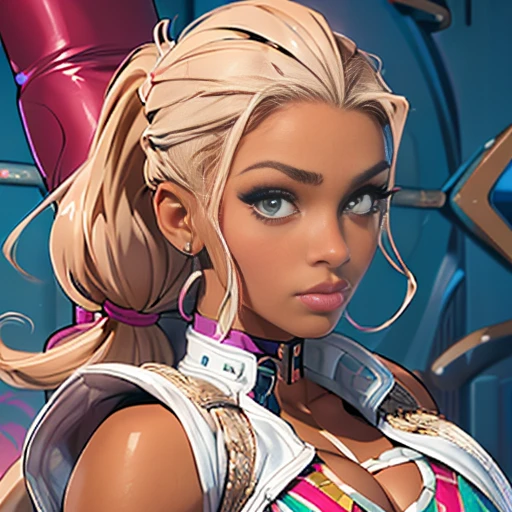(masterpiece,best quality,ultra detailed,4k portrait:1.5), Dark skinned female, pink wavy ponytail, perfect style, big taut tits, well toned abs, perky waist, muscularity: 1.2, professional wrestler, fighting pose, pink costume made of latex, high cut swimsuit (clothes too tight, too short, Poor fitting, Many sizes Clothes too small)