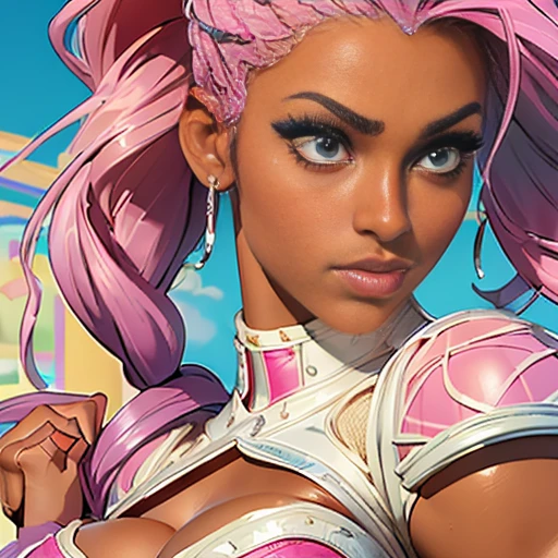 (masterpiece,best quality,ultra detailed,4k portrait:1.5), Dark skinned female, pink wavy ponytail, perfect style, big taut tits, well toned abs, perky waist, muscularity: 1.2, professional wrestler, fighting pose, pink costume made of latex, high cut swimsuit (clothes too tight, too short, Poor fitting, Many sizes Clothes too small)