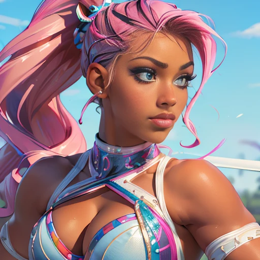 (masterpiece,best quality,ultra detailed,4k portrait:1.5), Dark skinned female, pink wavy ponytail, perfect style, big taut tits, well toned abs, perky waist, muscularity: 1.2, professional wrestler, fighting pose, pink costume made of latex, high cut swimsuit (clothes too tight, too short, Poor fitting, Many sizes Clothes too small)