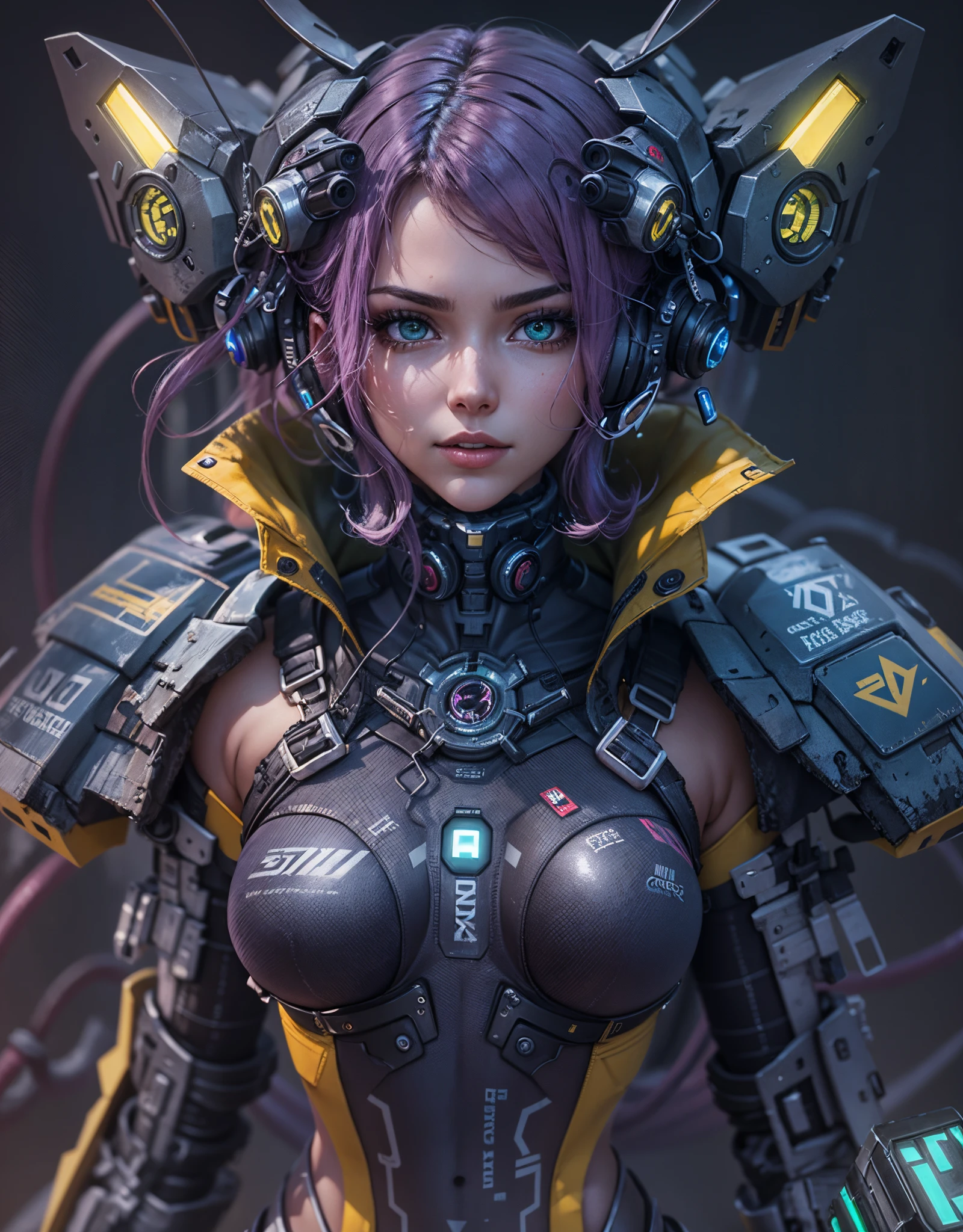 (((Full_body))) Studio art photo raw ((32k UHD high detail, 16k HDR cinematic art)) “A dystopian masterpiece in 4K, capturing the 1mecha_musume purple_glitter style with vivid details in green and yellow, immersed in cyberpunk chaos. | In a dystopian underground setting, a stunning 30-year-old 1woman emerges dressed in a mecha_musume purple_glitter costume, standing out with her vibrant details, accompanied by imposing cyber boots. His pious eyes fixate intensely on the viewer, while a graceful smile adorns his face, accentuated by a headset with cat ears. The short pink hair, with voluminous fringe on the right eye and two maria-chiquinhas, creates a fascinating contrast with the deteriorated environment of the underground oasis. Between clear water, mud, plumbing and ruined concrete structures, the vision an intriguing and horrifying experience of cybernetic horror." | {The camera positioned very close to her, revealing her entire body as she adopts a dynamic_pose, interacting with and leaning on a structure in the scene in an exciting way.} | ((perfect_pose):1), She adopting a ((dynamic_pose as interacts, boldly leaning on a structure, leaning back in a dynamic way):1.3), ((full body)), ((hands_with_5_fingers):0.6), ((perfect_hands):0.6), ((perfect_fingers):0.6), ((perfect_legs):0.6), better_hands, More Detail".
