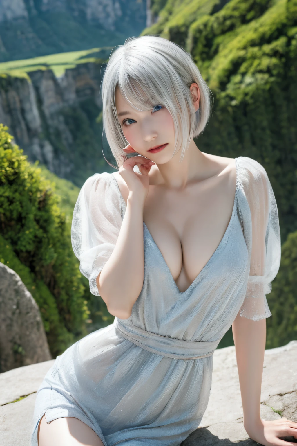 ((High quality)),masutepiece,(Detailed depiction of local details:1.2),1girl in,Blue eyes,Plump breasts,Enchanted Valley,Closed mouth,Eyelashes,Looking at Viewer,Portrait,Solo,Upper body,White hair,White theme,Short hair,Silver hair,Yorha No. 2 Type B,Emphasize the valley、thin-waist、long legged、Put your hand on your cheek、Shoku、revealing dress