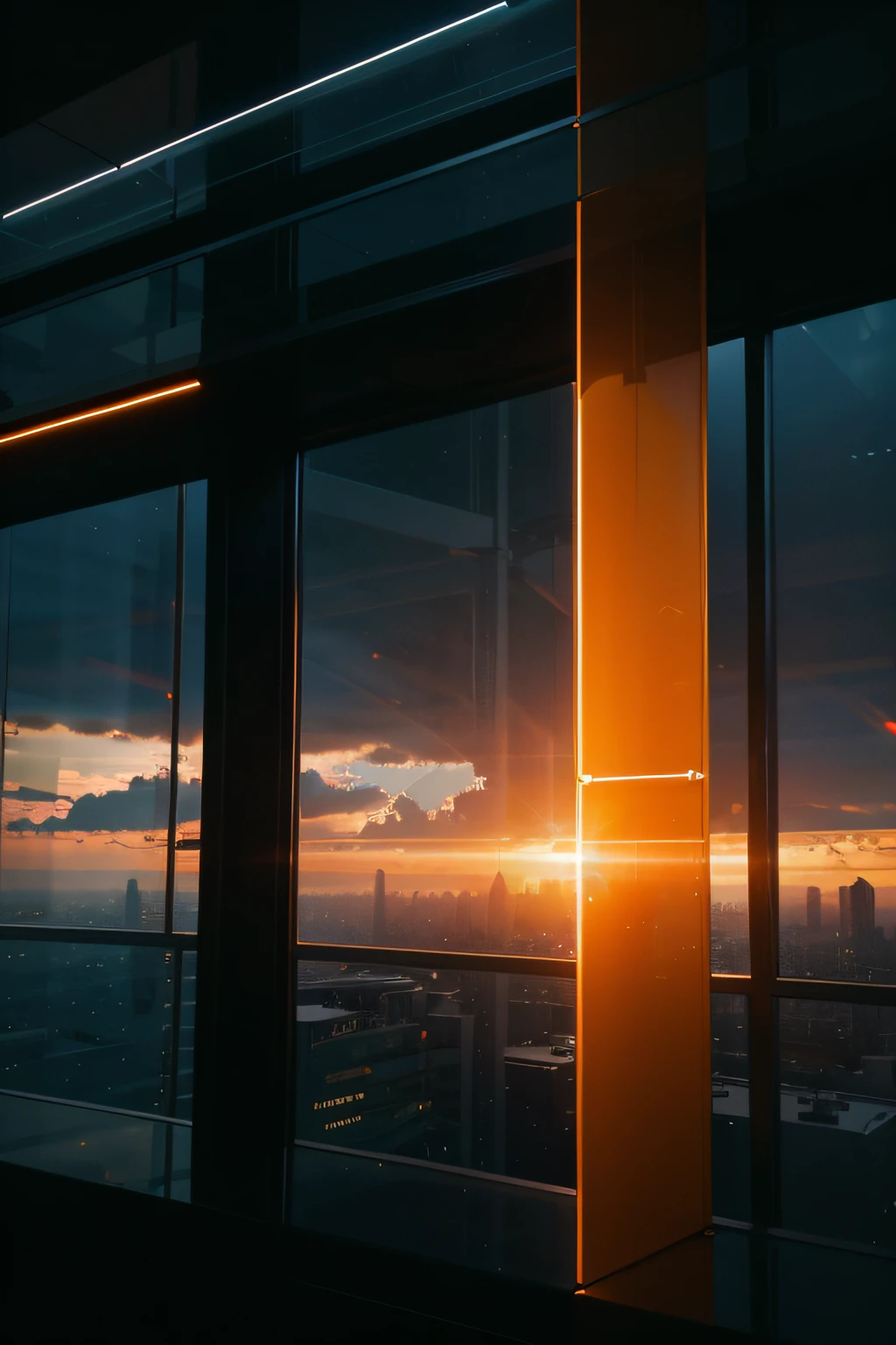 (bright,spectacular,gorgeous, breathtaking,)orange sunset,(modern,futuristic,contemporary:1.1)building with all glass,(transparent,architectural masterpiece:1.1),looking from the inside,(immersive,intriguing:1.1)codes and graphs on the glass,(digital,data-driven:1.1),ultra-detailed,(best quality,4k,realistic,masterpiece:1.2), vibrant colors, (cyberpunk, futuristic),dramatic lighting, orange sunset, codes on the glass, graphes on the glass