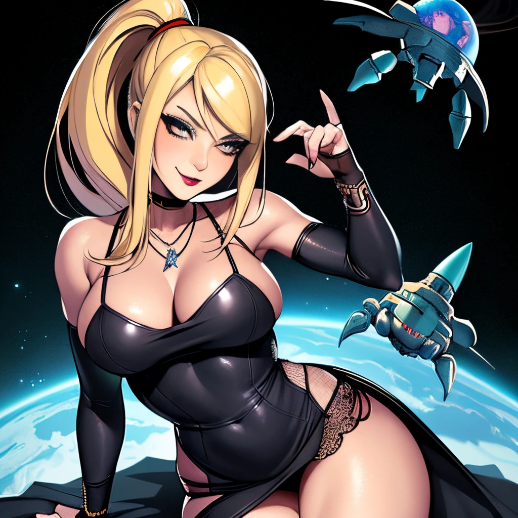 (Masterpiece, Best Quality:1.2), 1girl,blonde hair, ponytail, goth, smile, looking a viewer, black dress, Jewelry, necklace, slim thighs, Spacer frame, black lipstick, mascara, mole, samus, spaceship, lace, large breasts