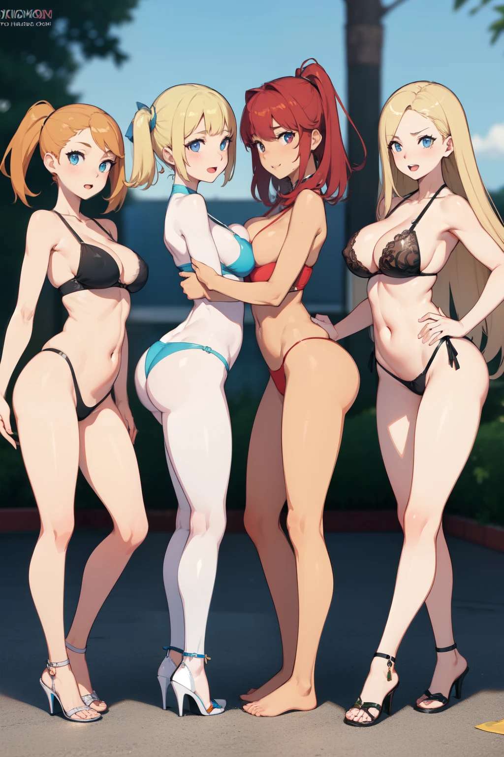 Four gorgeous women, asian, blonde, red head, latina, lining up for dick