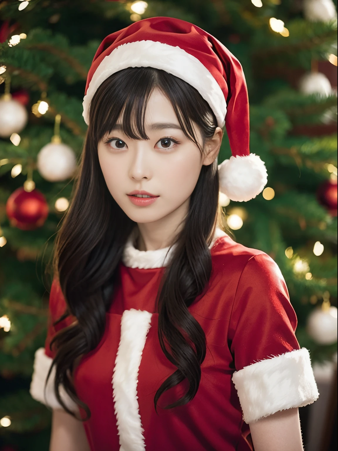 beautfull Japanease woman，(Red Santa Claus costume：1.5)，Christmas tree，Black hair, surrealism, F/1.2, 35 mm, Fuji Film, 8K, Super Detail, nffsw, masutepiece, ccurate, Anatomically correct, Textured skin, Super Detail, high details, High quality, Best Quality, hight resolution