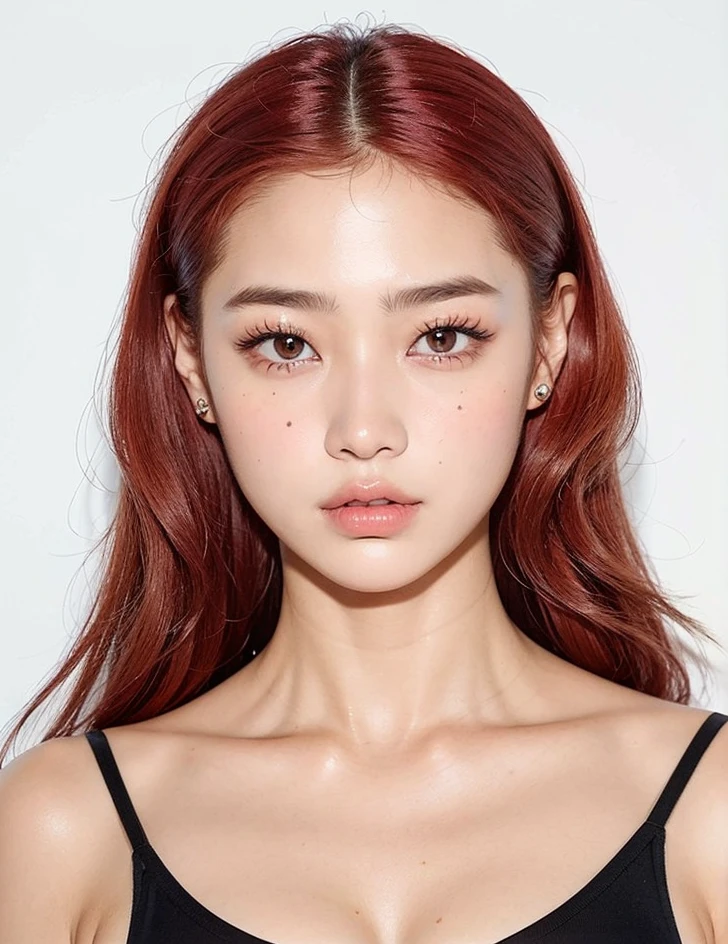Un primer plano de una mujer con cabello rojo y una blusa negra, Kwak Ji Joven, Jaeyeon Nam, Taejune Kim, Korean symmetrical face, Seseon Yoon, Kim Hyun Joo, Heonhwa Choe, Hermosa joven coreana, Jin Kim, Parque Ji-min, Retrato de Jossi de Blackpink, ojos rojos y una cara delgada