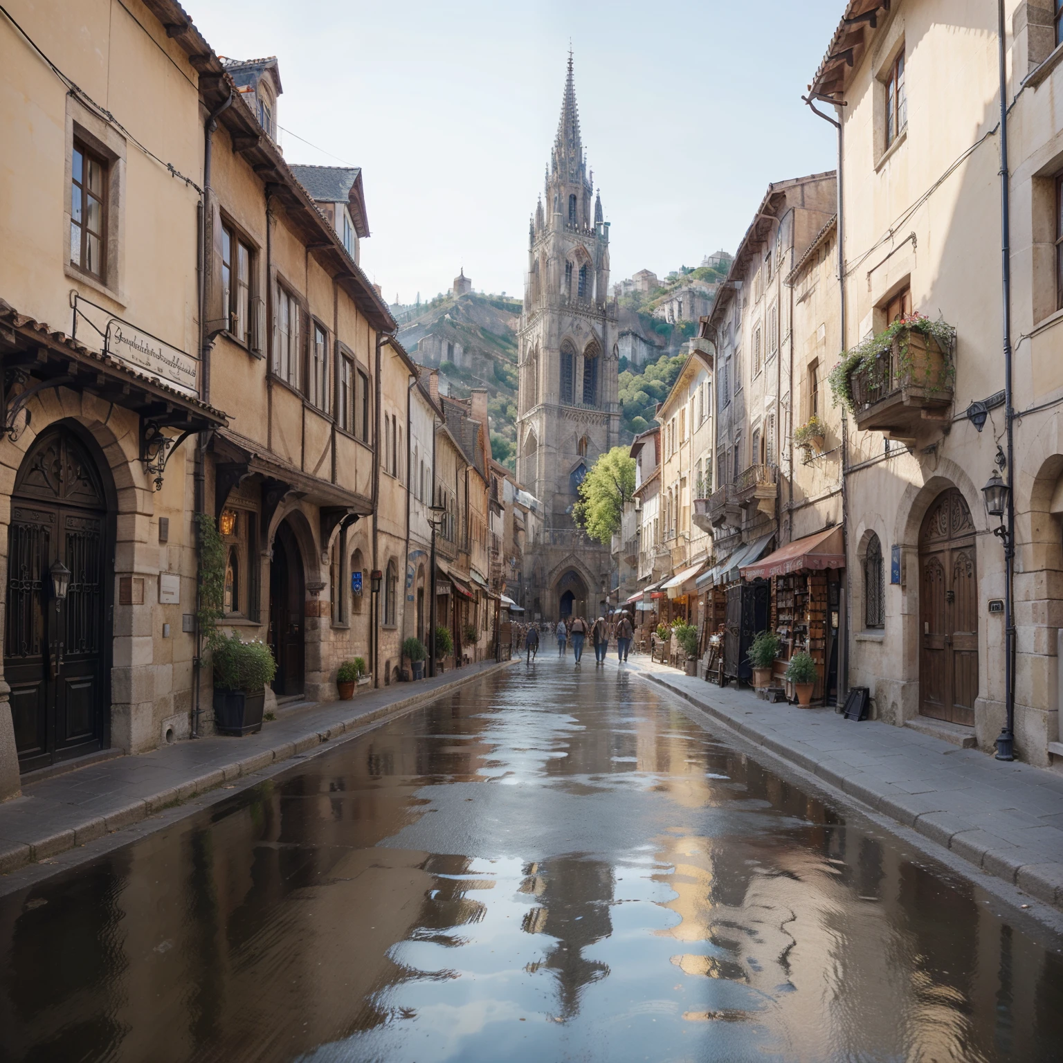 Gothic Medieval Town, with large iron gates on the front streets, with Greek floor, with several houses, churches, market stalls and towers in the background, Gargoyles;, and a wide view of the entire city through the iron gates at the entrance