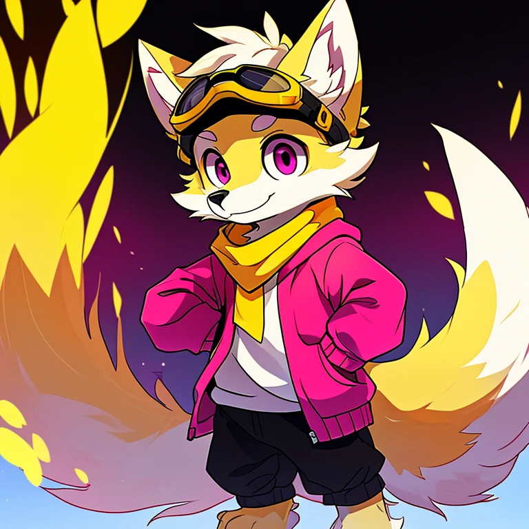 (A character), (Fox with yellow fur and white chest), (under the snout is white), (yellow fur), (tip of the tail white), (wears a magenta sweater), (light blue scarf), ( yellow cap with orange visor), (orange visot), (magenta eyes), (slender and fit body), (appears apparently thin but strong), (relaxed expression), (male), (medium height), (solitary), (solo), (white eyebrows), (yellow legs), (yellow hat), (golden fur), (golden yellow fur), (small dark yellow claws), (4 toes on his paws), (magenta eyes), fluffy, (fluffy fur), goggles, (black glass goggles)