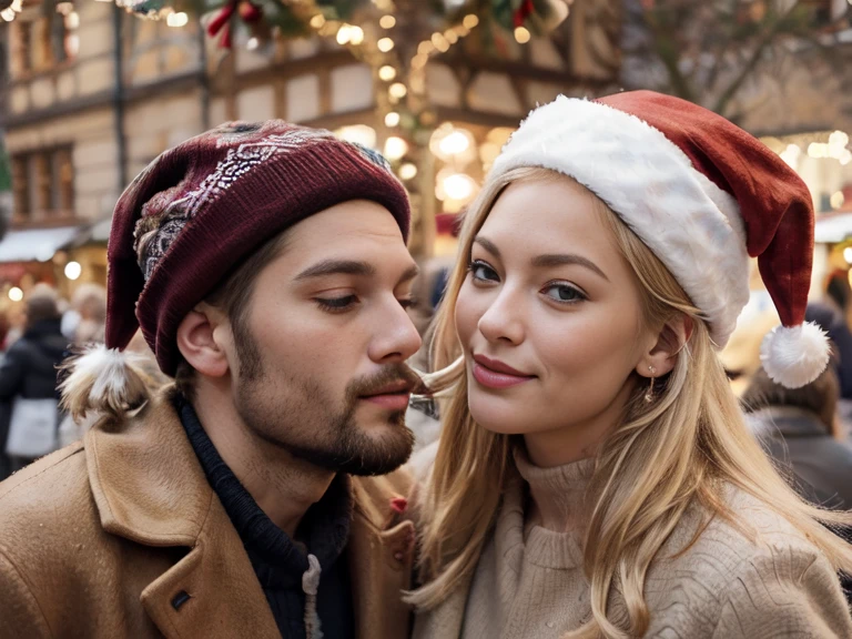 Baiser amoureux femme blond parfaite homme châtain avec barbe, dans la rue, christmas, Christmas Market, baiser sur la bouche