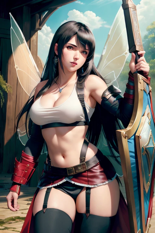 (masterpiece, best quality, high quality, highres), 1girl, extremely beautiful detailed face tifa, tifa lockhart, final fantasy, warrior outfit, (holding a shield in hand++), female knight, medieval, high fantasy, (fairy wings++), glowing shield