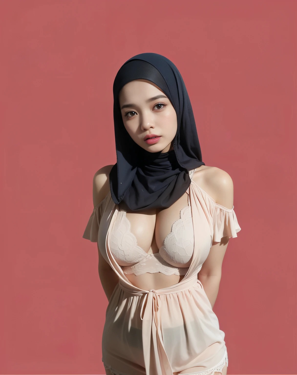 (((MALAY HIJAB GIRL))), (realistic, photo-realistic:1.4), (1girl), big , wearing light red lace bra and pantie on hips, ((HEAVY NIPPLES)), ((ARENT )), (( SADNESS )), ((RED LACE)).