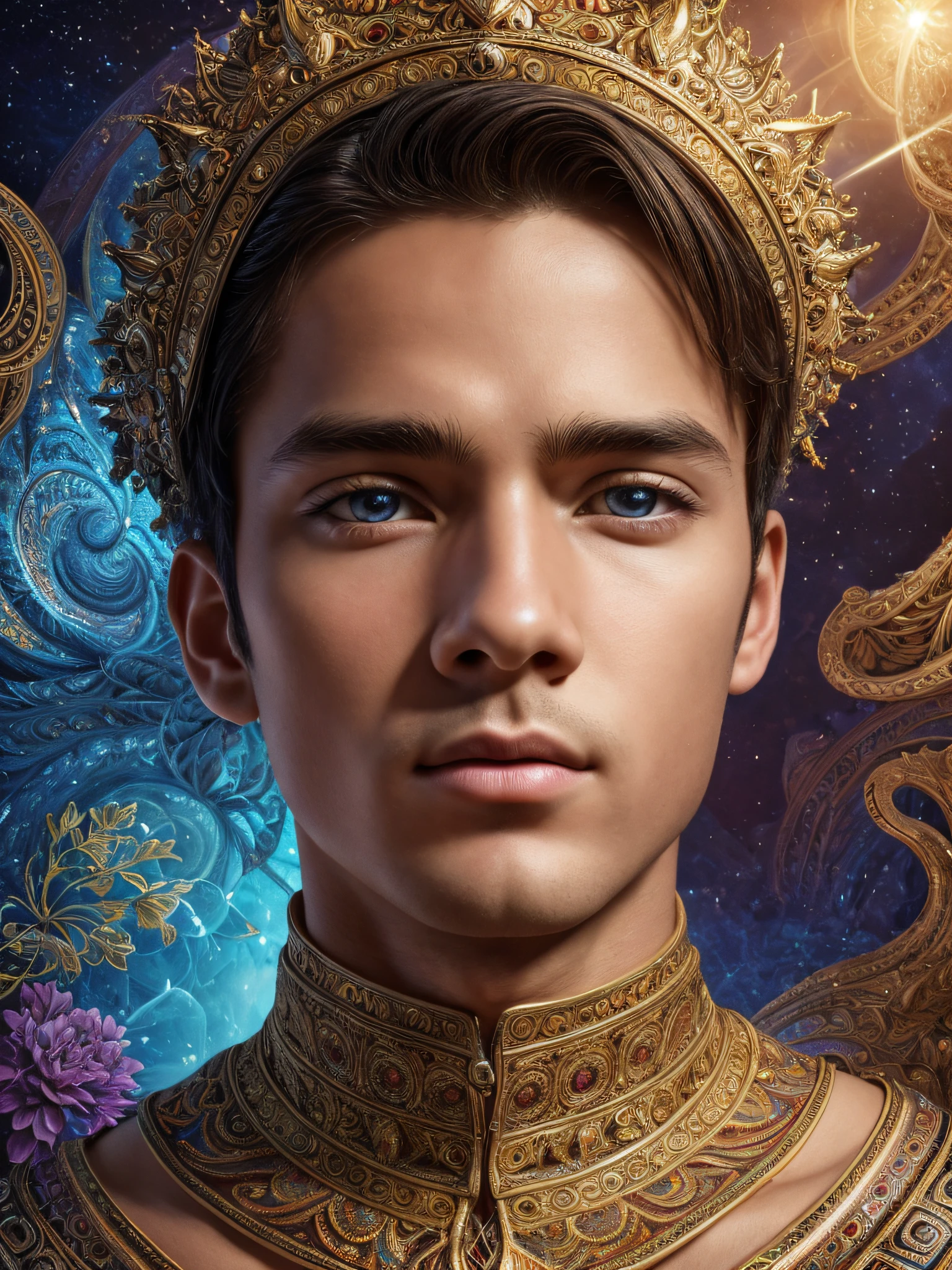 A masterpiece boy with extreme detailed features in a fractal art style, showcasing the highest level of quality and aesthetics. The artwork should be filled with vibrant and colorful visuals, reflecting the intricate details of the fractal patterns. The boy's appearance should be captivating, with attention given to every aspect of his face, such as his eyes, nose, and lips, ensuring they are beautifully detailed. The artist should strive for excellence, creating a visually stunning and breathtaking artwork. The overall style should be official and polished, resembling professional artwork. The image should have a realistic touch, with sharp focus and vivid colors that pop. The lighting should be carefully designed to highlight the boy's features and bring the artwork to life.