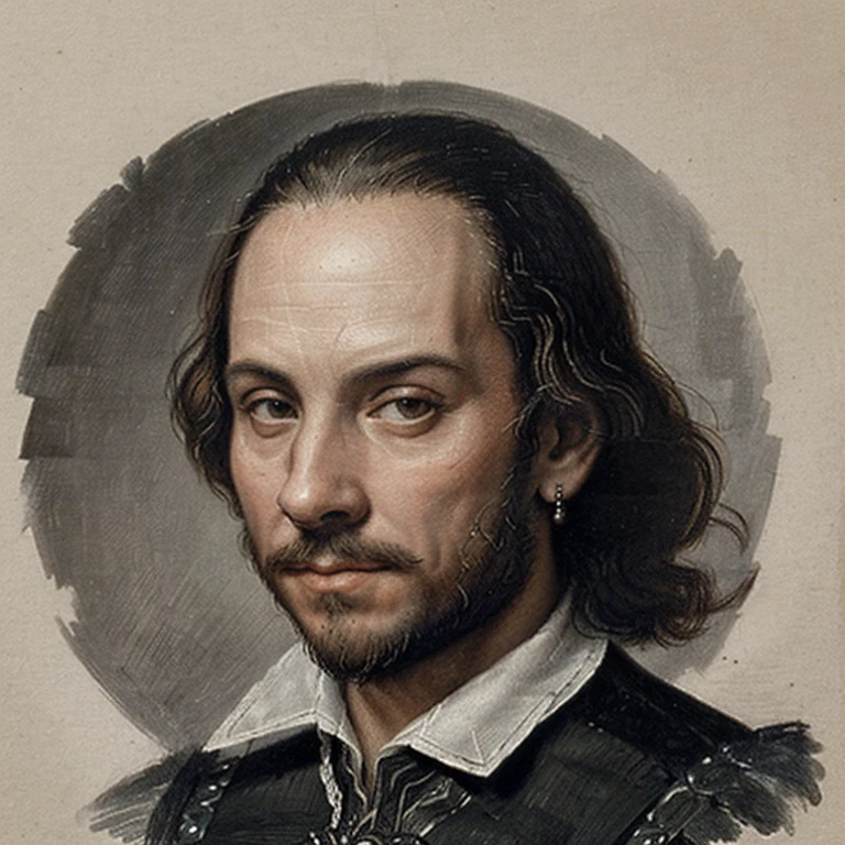 Desenho de William Shakespeare, para tatuar, close UP, seventeenth century, similar to the images of the time, serious and reflective face; gravura; in pencil.