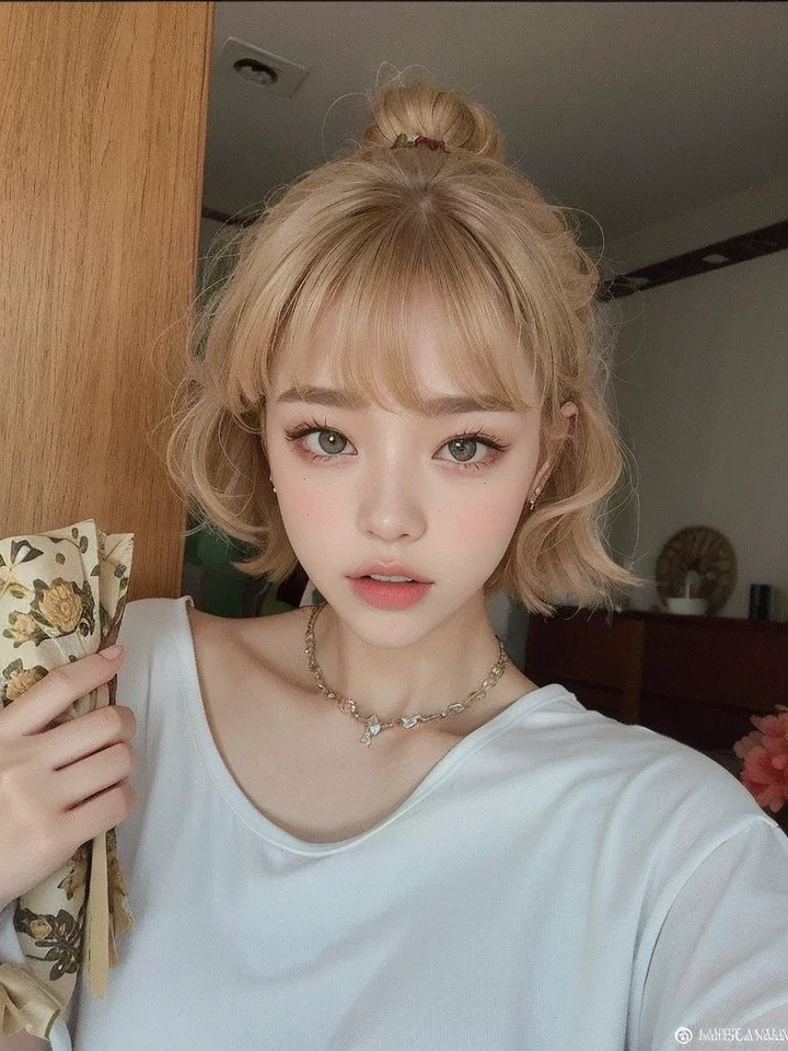 Mujer arafed con camisa blanca y un collar sosteniendo una almohada., Lalisa Manobal, con flequillo completo, Lalisa Manoban de Blackpink, ulzzang, con flequillo, Cabello limpio con flequillo, flequillo esponjoso, con pelo corto con flequillo, flequillo rizado y cola de caballo, maquillaje popular de Corea del Sur, con el pelo corto, flequillo rizado