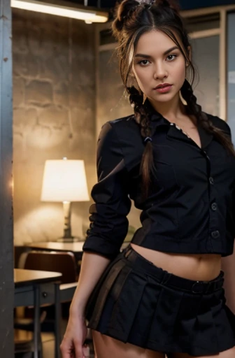 sexy woman, full body,double bun,double braids, school girl outfit, black hair,perfect eyes, cowboy shot, UHD, anatomically correct woman, no visible hands, photo realistic,relevant and detailed surroundings, vibrant colors, dramatic lighting