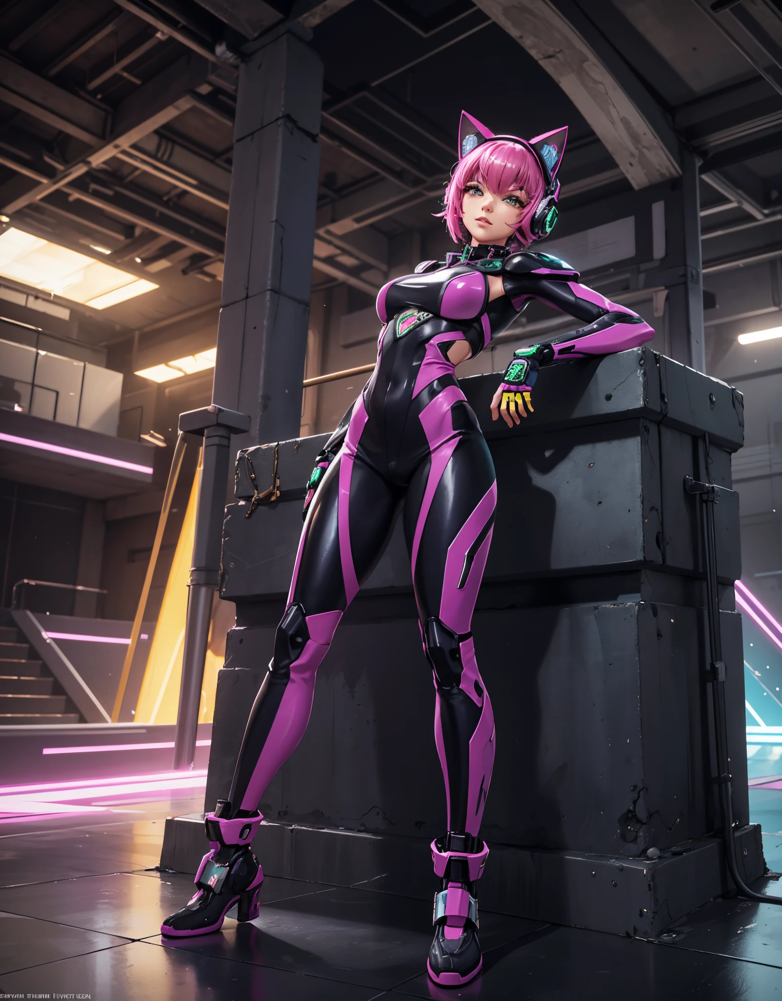 (((Full_body))) Studio art photo raw  ((32k UHD high detail, 16k HDR cinematic art)) “A dystopian masterpiece in 4K, capturing the mecha_musume purple_glitter style with vivid details in green and yellow, immersed in cyberpunk chaos. | In a dystopian underground setting, a stunning 30-year-old woman emerges dressed in a mecha_musume purple_glitter costume, standing out with her vibrant details, accompanied by imposing cyber boots. His pious eyes fixate intensely on the viewer, while a graceful smile adorns his face, accentuated by a headset with cat ears. The short pink hair, with voluminous fringe on the right eye and two maria-chiquinhas, creates a fascinating contrast with the deteriorated environment of the underground oasis. Between clear water, mud, plumbing and ruined concrete structures, the vision  an intriguing and horrifying experience of cybernetic horror."  | {The camera  positioned very close to her, revealing her entire body as she adopts a dynamic_pose, interacting with and leaning on a structure in the scene in an exciting way.} | ((perfect_pose):1), She  adopting a ((dynamic_pose as interacts, boldly leaning on a structure, leaning back in a dynamic way):1.3), ((full body)), ((hands_with_5_fingers):0.6), ((perfect_hands):0.6), ((perfect_fingers):0.6), ((perfect_legs):0.6), better_hands, More Detail".