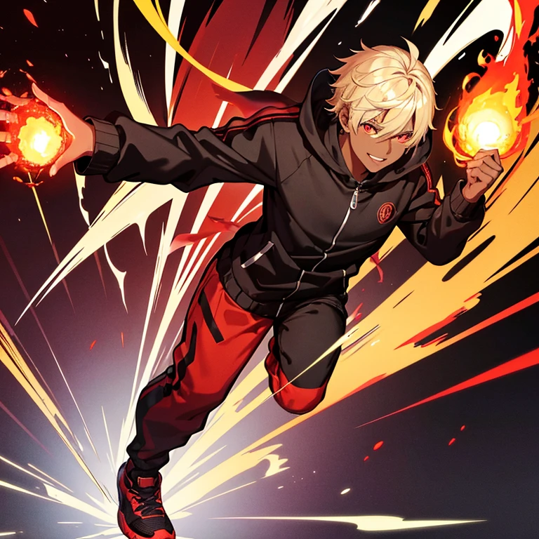 Black skinned man with blonde hair and red glowing eyes. black tracksuit with black sneakers, conjuring a fireball in his hand. red flames surrounding him, smiling evil-like flying in air. Must be male.