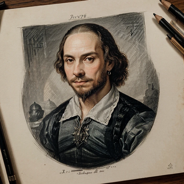 Desenho de William Shakespeare, para tatuar, fechar para cima, seventeenth century, similar to the images of the time, serious and reflective face; gravura; in pencil.