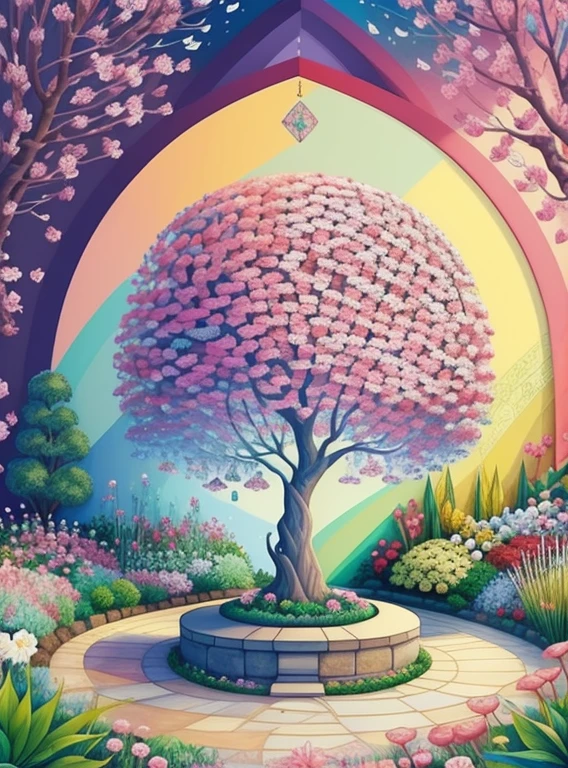 (cute tree smiling in a beautiful garden with flowers) Munchkin, Geometric multidimensional wall portrait, livro de arte, Tchibi,
Yang08k, Beautiful, Colouring,
Obras, of the highest quality, best quality, Arte Oficial, Beautiful and Aesthetic,