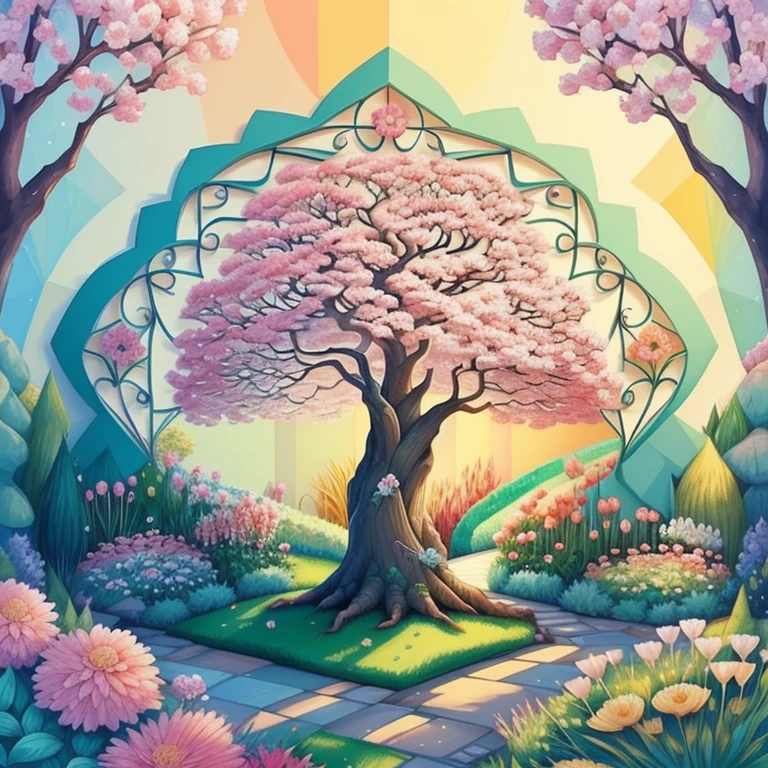 (cute tree smiling in a beautiful garden with flowers) Munchkin, Geometric multidimensional wall portrait, livro de arte, Tchibi,
Yang08k, Beautiful, Colouring,
Obras, of the highest quality, best quality, Arte Oficial, Beautiful and Aesthetic,
