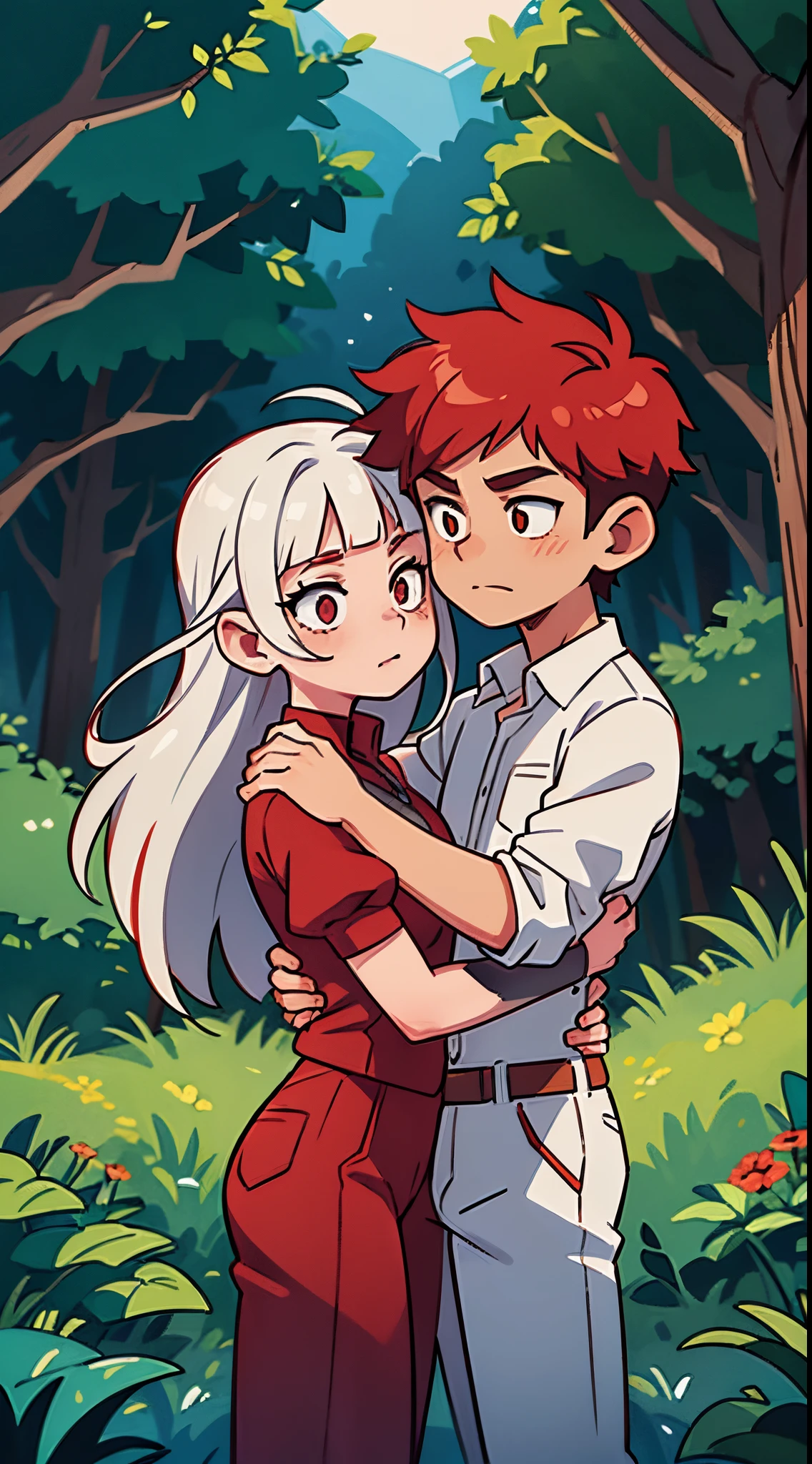 1 red haired male and 1 white haired female, in a forest, night time , hugging