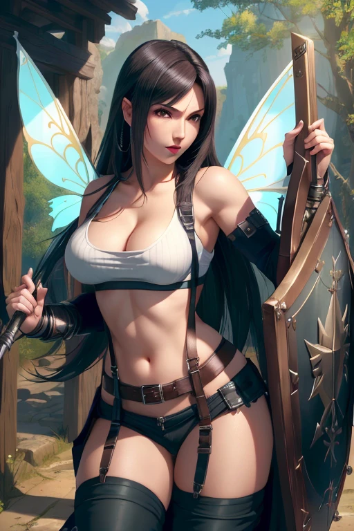 (masterpiece, best quality, high quality, highres), 1girl, extremely beautiful detailed face tifa, tifa lockhart, final fantasy, warrior outfit, (holding a shield in hand++), female knight, medieval, high fantasy, (fairy wings++), glowing shield, metal armor+, pants
