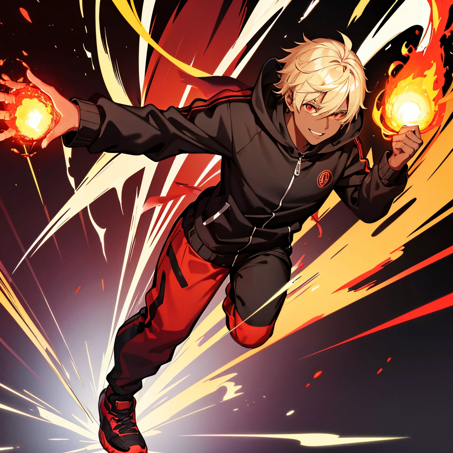 Black skinned man with blonde hair and red glowing eyes. black tracksuit with black sneakers, conjuring a fireball in his hand. red flames surrounding him, smiling evil-like flying in air. Must be male.