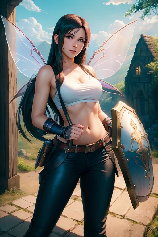 (masterpiece, best quality, high quality, highres), 1girl, extremely beautiful detailed face tifa, tifa lockhart, final fantasy, warrior outfit, (holding a shield in hand++), female knight, medieval, high fantasy, (fairy wings++), glowing shield, (metal armor+), pants